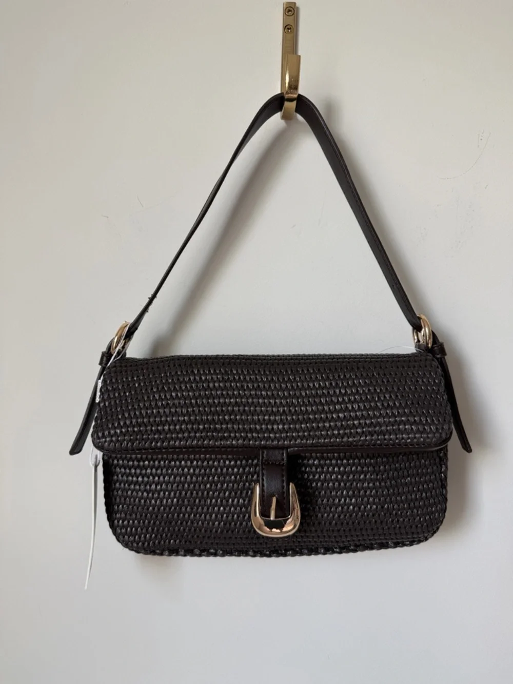 Dark Brown Woven Shoulder Bag with Gold Buckle